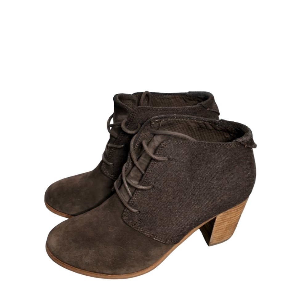 Toms Lunata Chocolate Brown Stacked Heel Lace Up Booties, women's 8